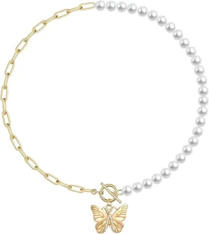 MJartoria Half Pearl Half Chain Necklace, Butterfly Pendant Pearl Choker Necklace, Dainty Trendy 14K Gold Plated Paperclip Chain Toggle Clasp Necklace Jewelry Birthday Gifts for Women