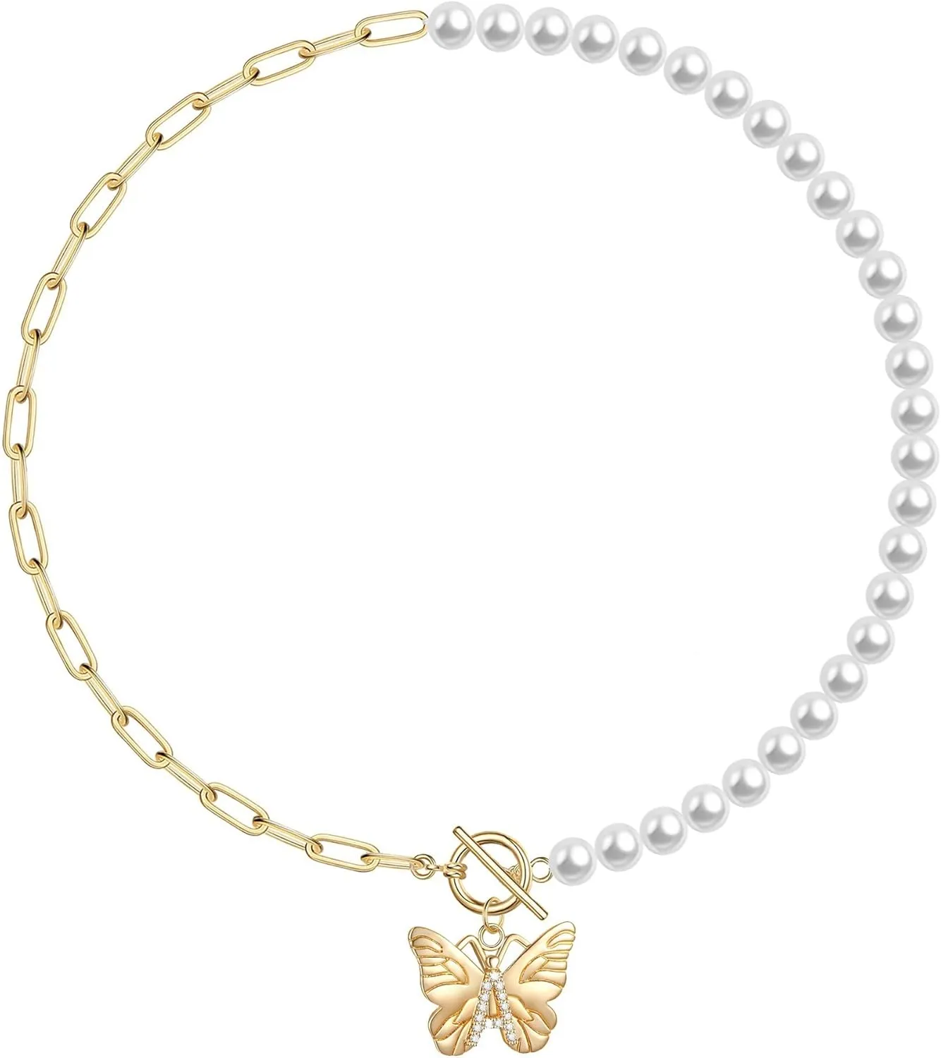 MJartoria Half Pearl Half Chain Necklace, Butterfly Pendant Pearl Choker Necklace, Dainty Trendy 14K Gold Plated Paperclip Chain Toggle Clasp Necklace Jewelry Birthday Gifts for Women