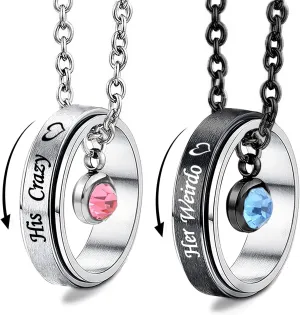 MJartoria Matching Necklaces for Couples, His and Hers Engraved Rhinestone Anxiety Rings Pendant Set Gifts for Boyfriend Girlfriend
