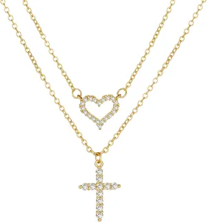 MJust 14K Gold Plated Layered Necklace for Women, Pearl Cross Cubic Zirconia Heart Paperclip Simple Chain Necklace for Women Men