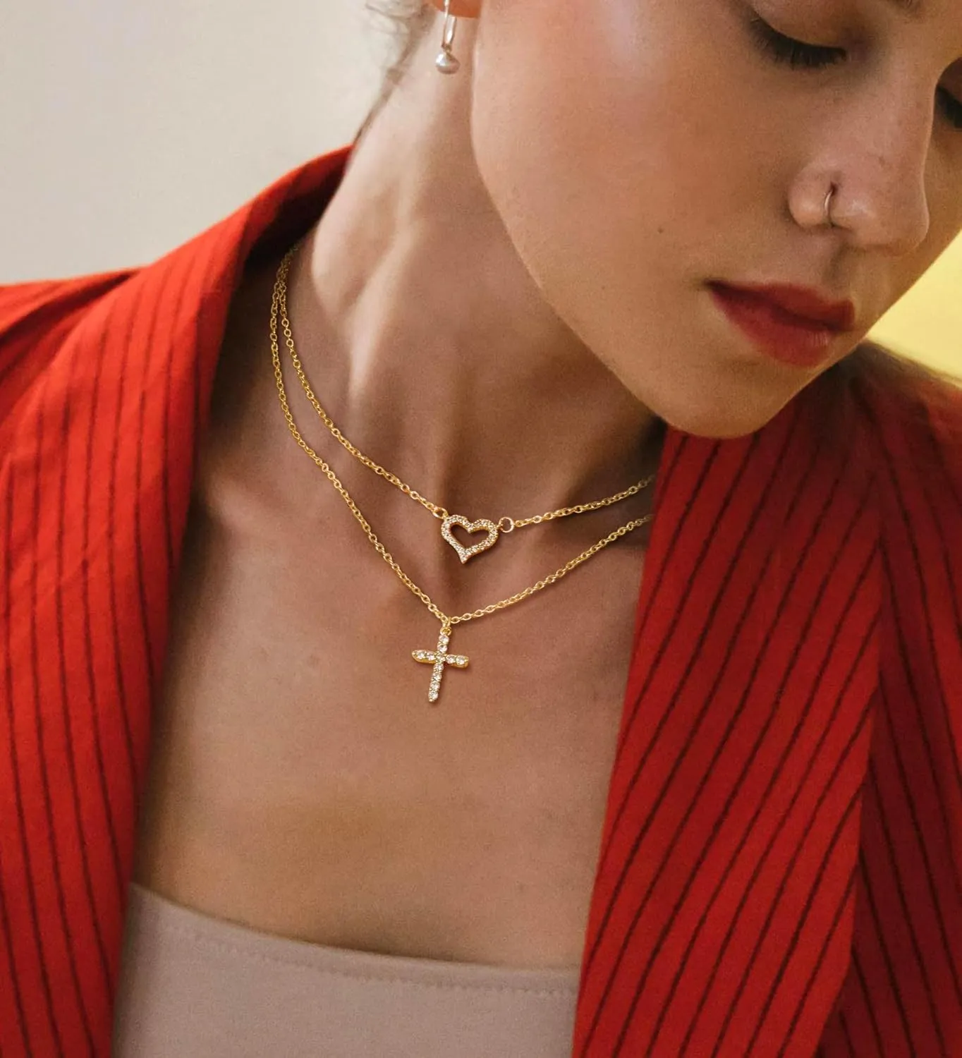 MJust 14K Gold Plated Layered Necklace for Women, Pearl Cross Cubic Zirconia Heart Paperclip Simple Chain Necklace for Women Men