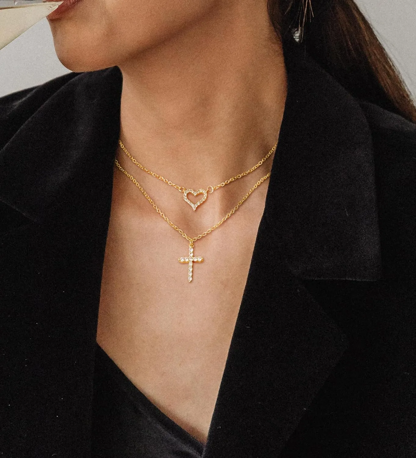 MJust 14K Gold Plated Layered Necklace for Women, Pearl Cross Cubic Zirconia Heart Paperclip Simple Chain Necklace for Women Men
