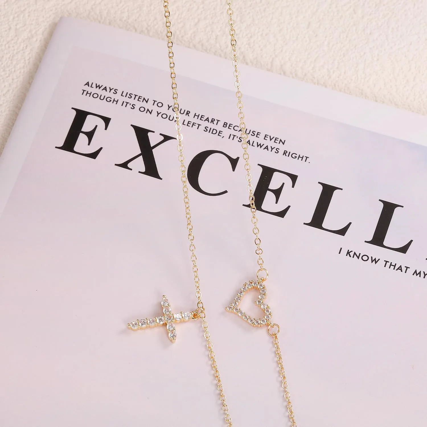 MJust 14K Gold Plated Layered Necklace for Women, Pearl Cross Cubic Zirconia Heart Paperclip Simple Chain Necklace for Women Men