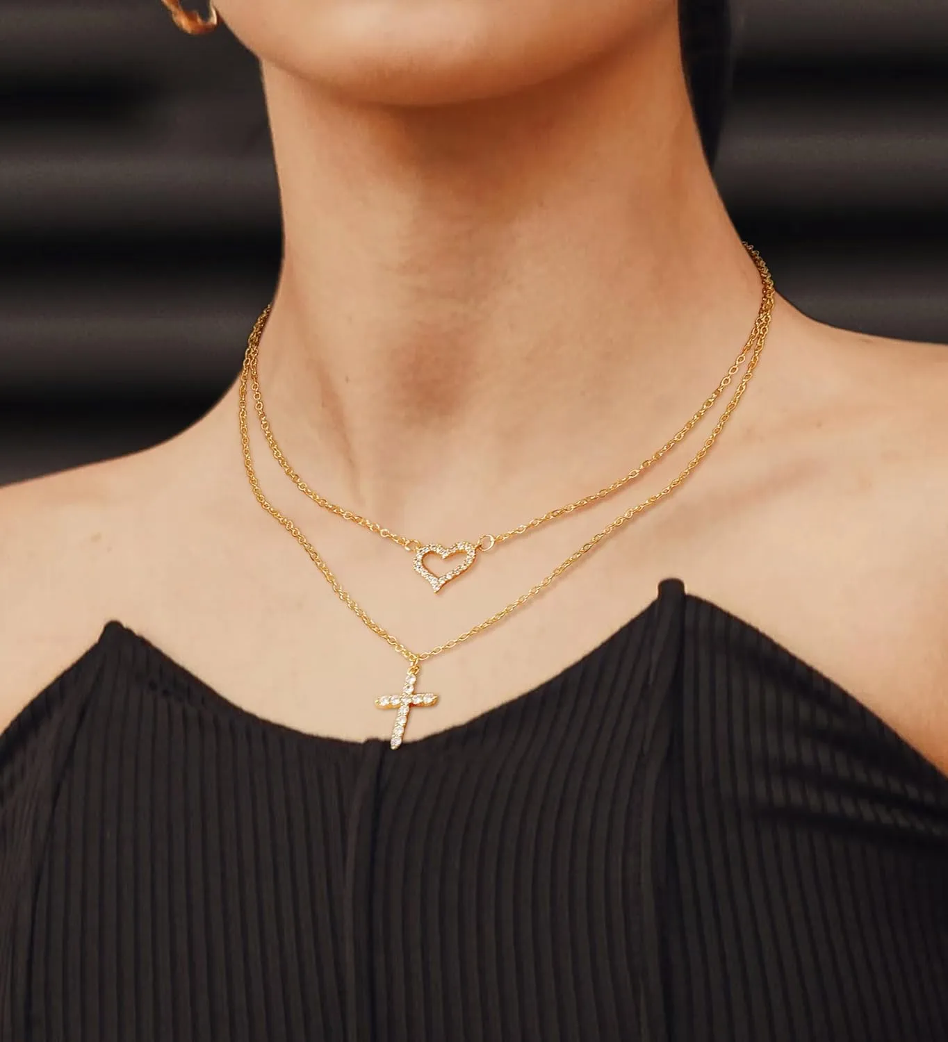 MJust 14K Gold Plated Layered Necklace for Women, Pearl Cross Cubic Zirconia Heart Paperclip Simple Chain Necklace for Women Men