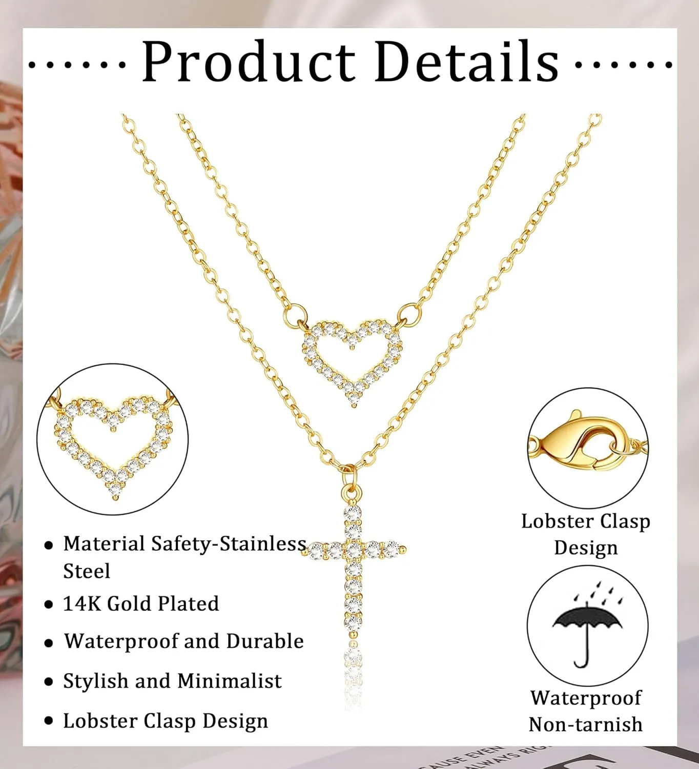 MJust 14K Gold Plated Layered Necklace for Women, Pearl Cross Cubic Zirconia Heart Paperclip Simple Chain Necklace for Women Men