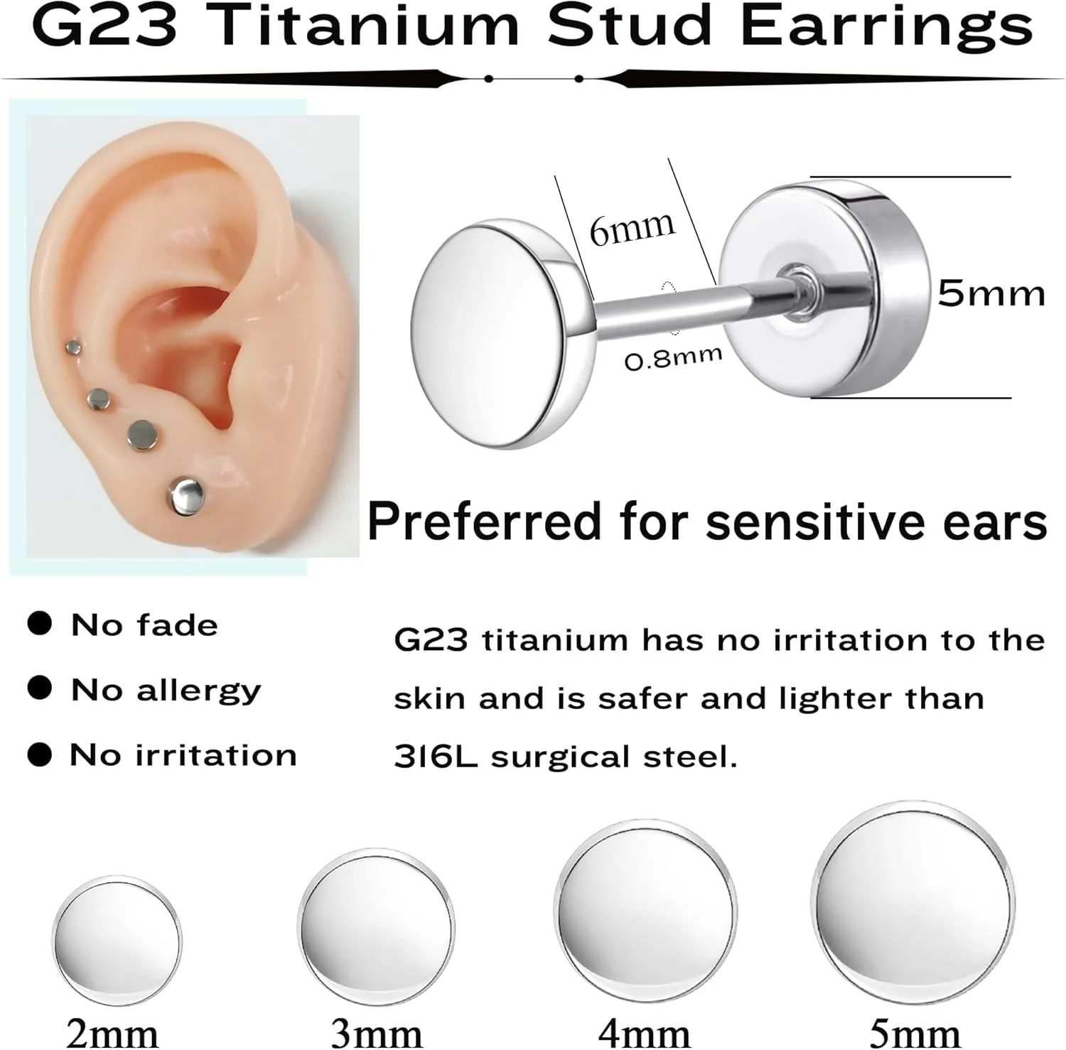 MJust Titanium Earrings Set for Sensitive Ears 20 Gauge Pure Titanium Cartilage Earring Ball Cubic Zirconia G23 Hypoallergenic Flat Back Earrings Studs