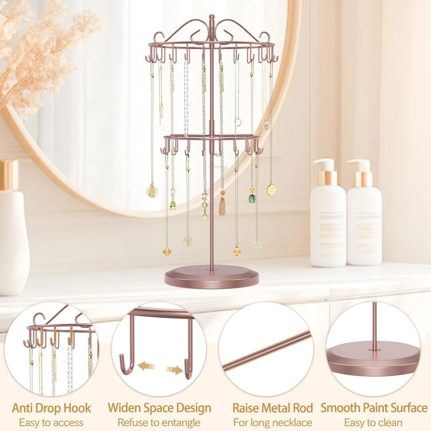 MODOWEY 2 Tier Rotating Necklace Holder Organizer, Adjustable Metal Necklace Display Stand with 42 Hooks, Extra Tall Bracelet Keychain Spinning Tower Tree for Women (Rose gold, 2 Tier)