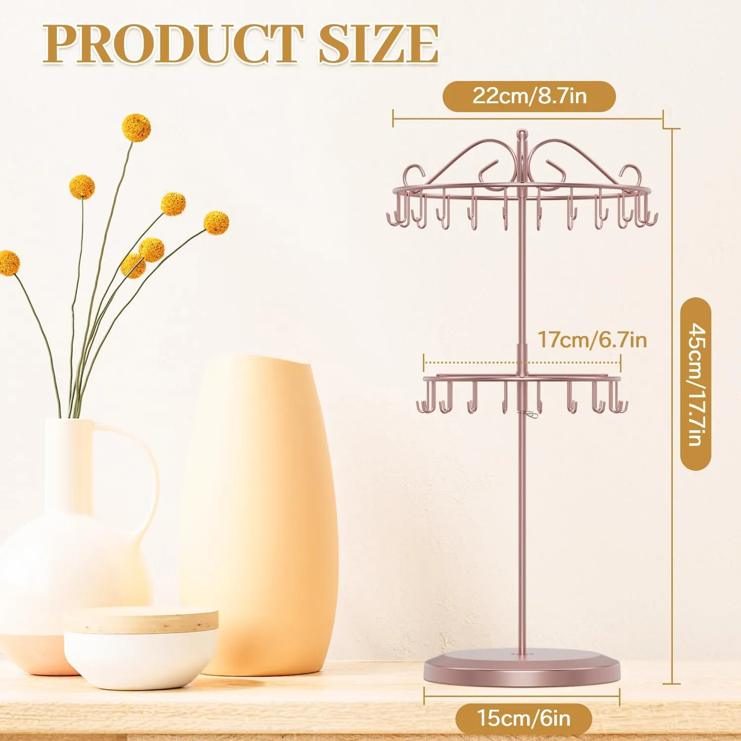 MODOWEY 2 Tier Rotating Necklace Holder Organizer, Adjustable Metal Necklace Display Stand with 42 Hooks, Extra Tall Bracelet Keychain Spinning Tower Tree for Women (Rose gold, 2 Tier)