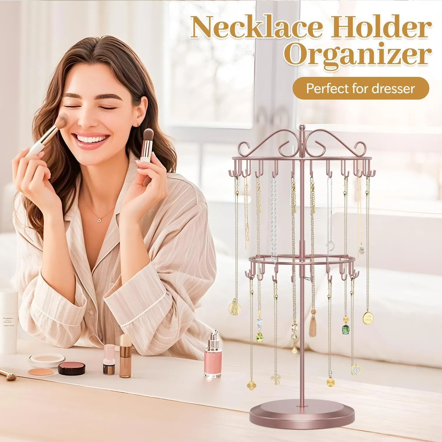 MODOWEY 2 Tier Rotating Necklace Holder Organizer, Adjustable Metal Necklace Display Stand with 42 Hooks, Extra Tall Bracelet Keychain Spinning Tower Tree for Women (Rose gold, 2 Tier)