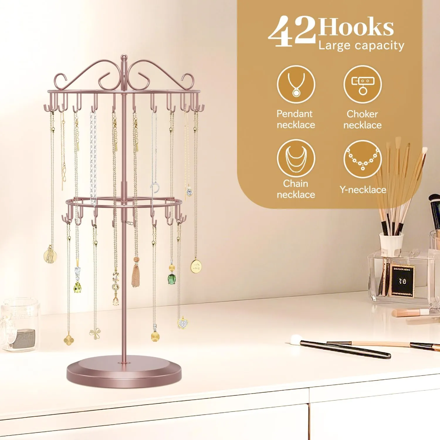 MODOWEY 2 Tier Rotating Necklace Holder Organizer, Adjustable Metal Necklace Display Stand with 42 Hooks, Extra Tall Bracelet Keychain Spinning Tower Tree for Women (Rose gold, 2 Tier)