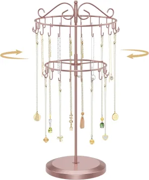 MODOWEY 2 Tier Rotating Necklace Holder Organizer, Adjustable Metal Necklace Display Stand with 42 Hooks, Extra Tall Bracelet Keychain Spinning Tower Tree for Women (Rose gold, 2 Tier)