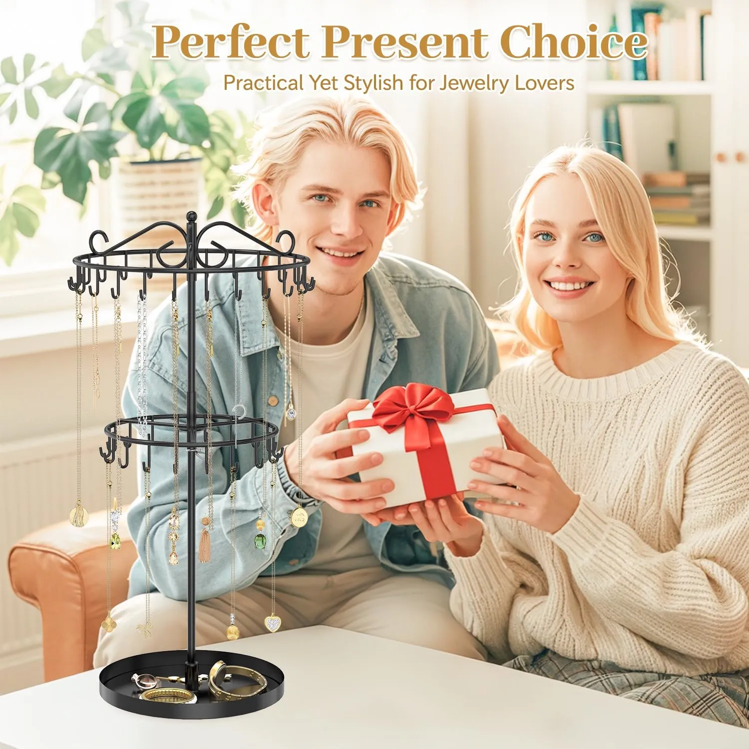 MODOWEY Rotating Necklace Holder Organizer Display Stand with 42 Hooks, 2 Tier Adjustable Metal Necklace Tree Rack with Jewelry Tray for Men Women, Tall Bracelet Storage Hanger for Selling, Black