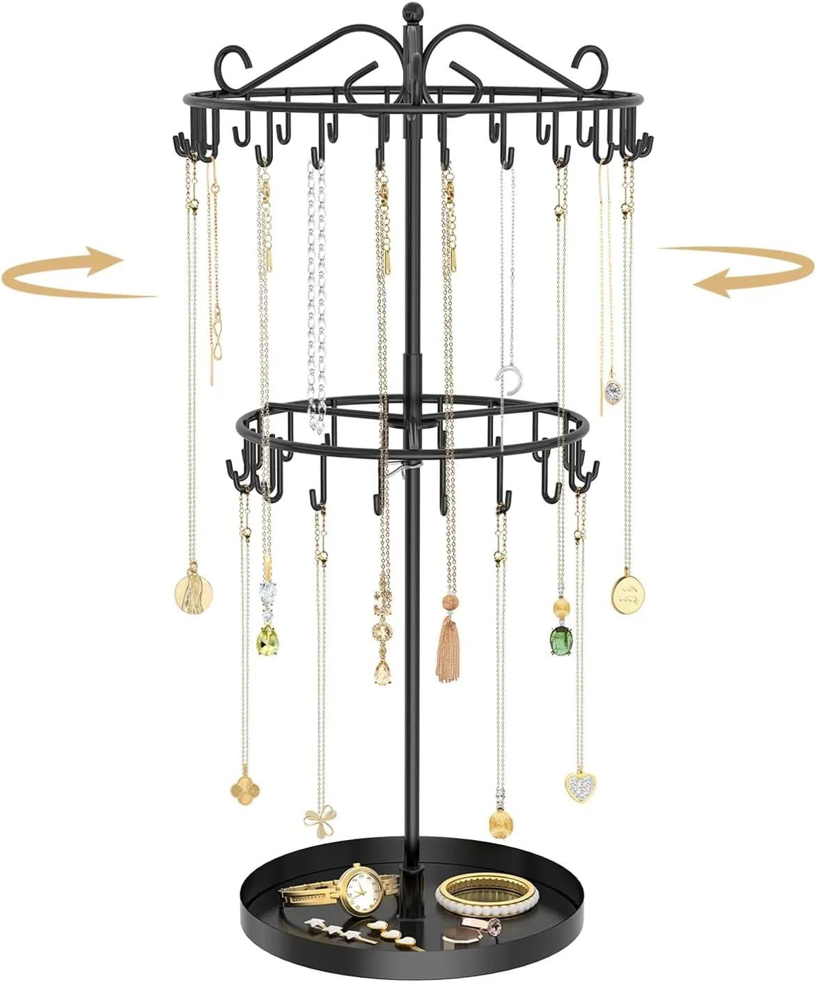 MODOWEY Rotating Necklace Holder Organizer Display Stand with 42 Hooks, 2 Tier Adjustable Metal Necklace Tree Rack with Jewelry Tray for Men Women, Tall Bracelet Storage Hanger for Selling, Black