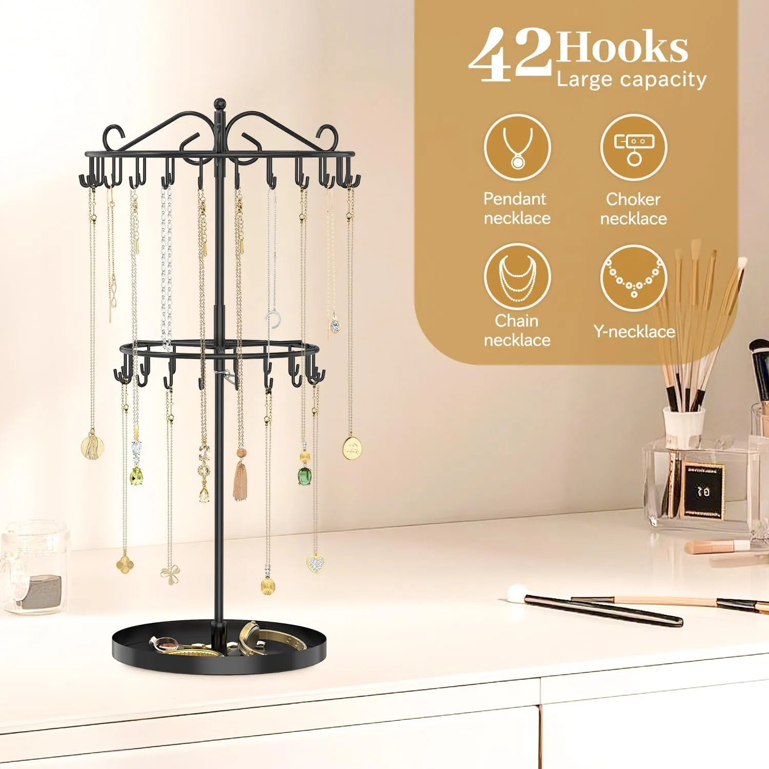 MODOWEY Rotating Necklace Holder Organizer Display Stand with 42 Hooks, 2 Tier Adjustable Metal Necklace Tree Rack with Jewelry Tray for Men Women, Tall Bracelet Storage Hanger for Selling, Black