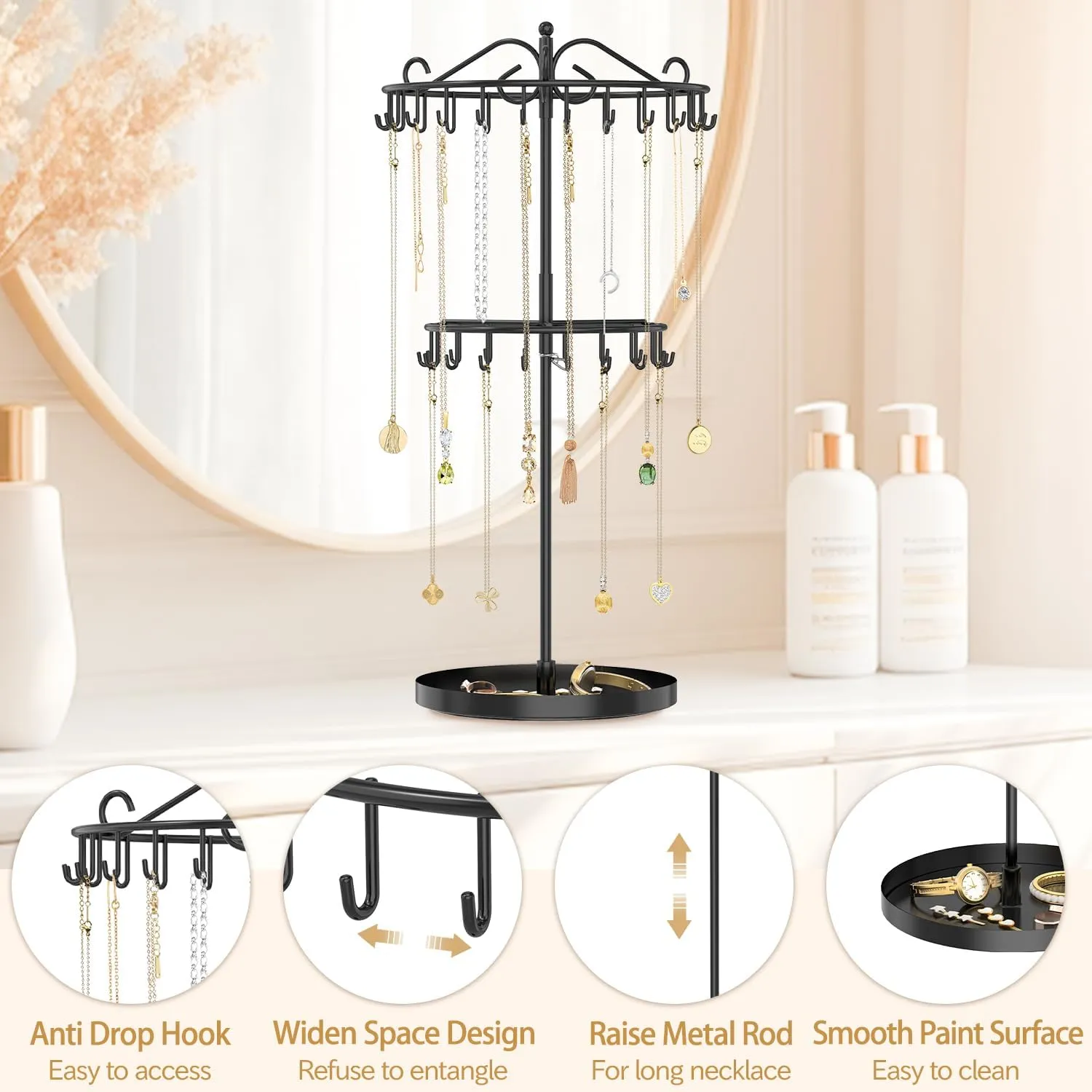 MODOWEY Rotating Necklace Holder Organizer Display Stand with 42 Hooks, 2 Tier Adjustable Metal Necklace Tree Rack with Jewelry Tray for Men Women, Tall Bracelet Storage Hanger for Selling, Black