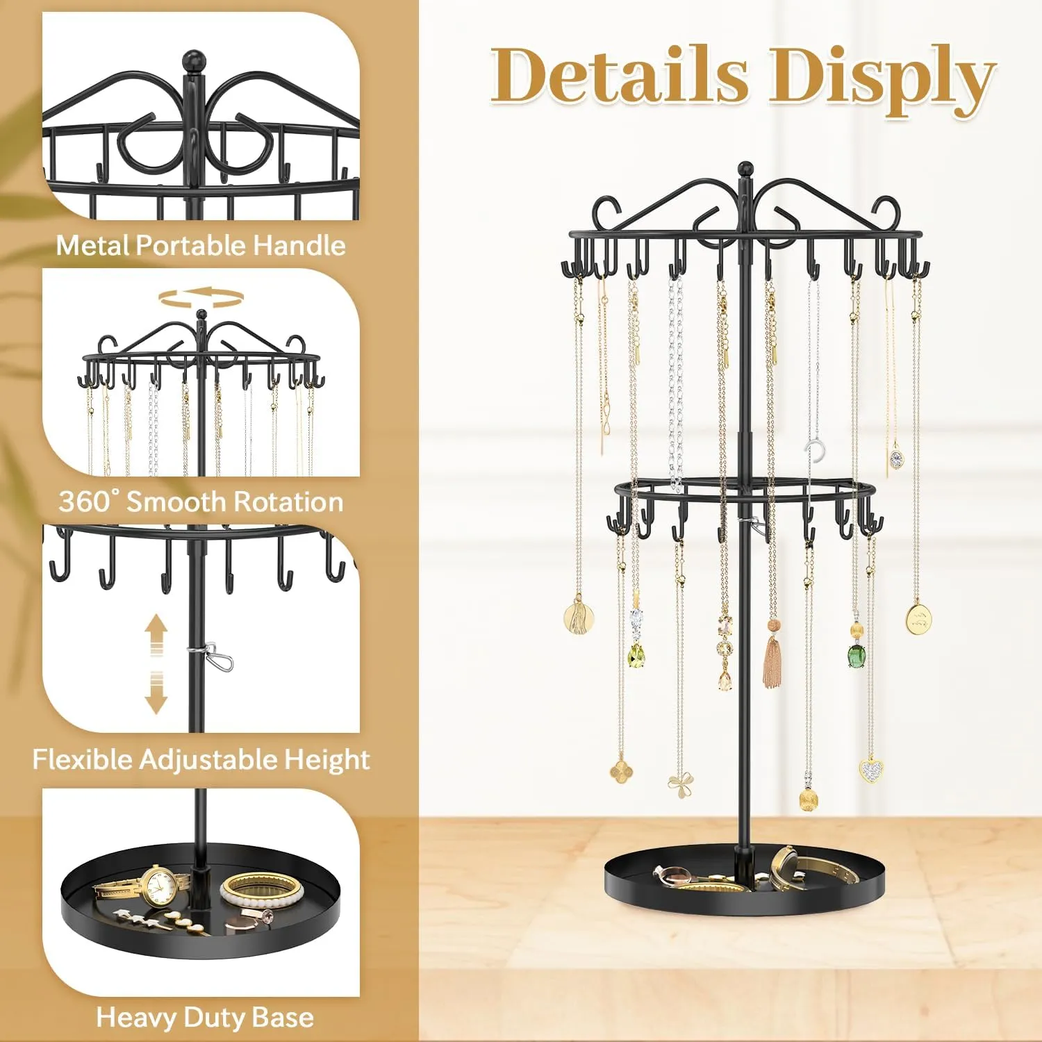 MODOWEY Rotating Necklace Holder Organizer Display Stand with 42 Hooks, 2 Tier Adjustable Metal Necklace Tree Rack with Jewelry Tray for Men Women, Tall Bracelet Storage Hanger for Selling, Black