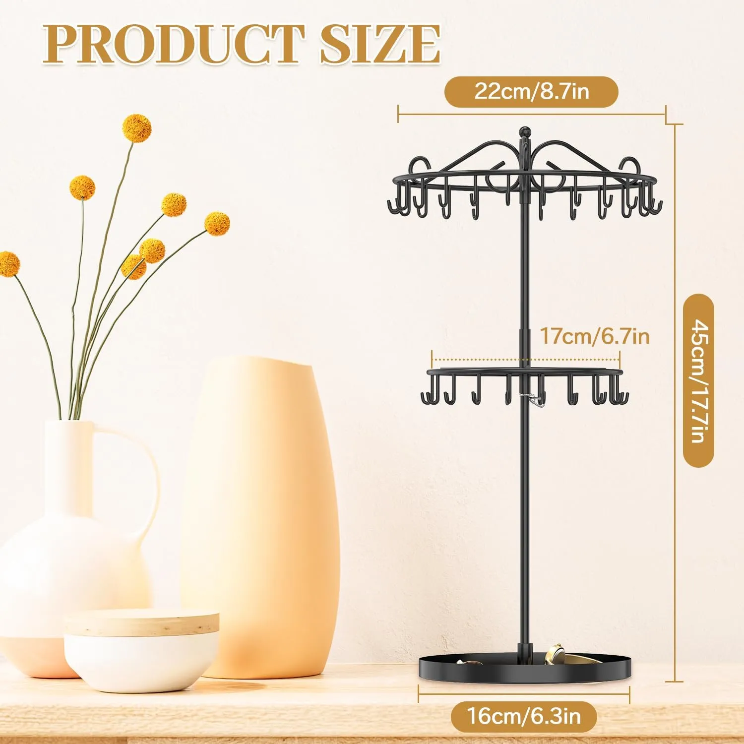 MODOWEY Rotating Necklace Holder Organizer Display Stand with 42 Hooks, 2 Tier Adjustable Metal Necklace Tree Rack with Jewelry Tray for Men Women, Tall Bracelet Storage Hanger for Selling, Black