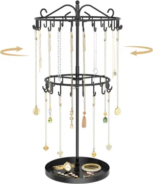 MODOWEY Rotating Necklace Holder Organizer Display Stand with 42 Hooks, 2 Tier Adjustable Metal Necklace Tree Rack with Jewelry Tray for Men Women, Tall Bracelet Storage Hanger for Selling, Black