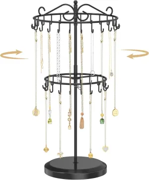 MODOWEY Rotating Necklace Holder Organizer Display Stand with 42 Hooks, 2-Tier Adjustable Metal Tree for Long & Short Necklace Hanger Selling, Tall Spinning Bracelet Storage Rack for Men Women, Black