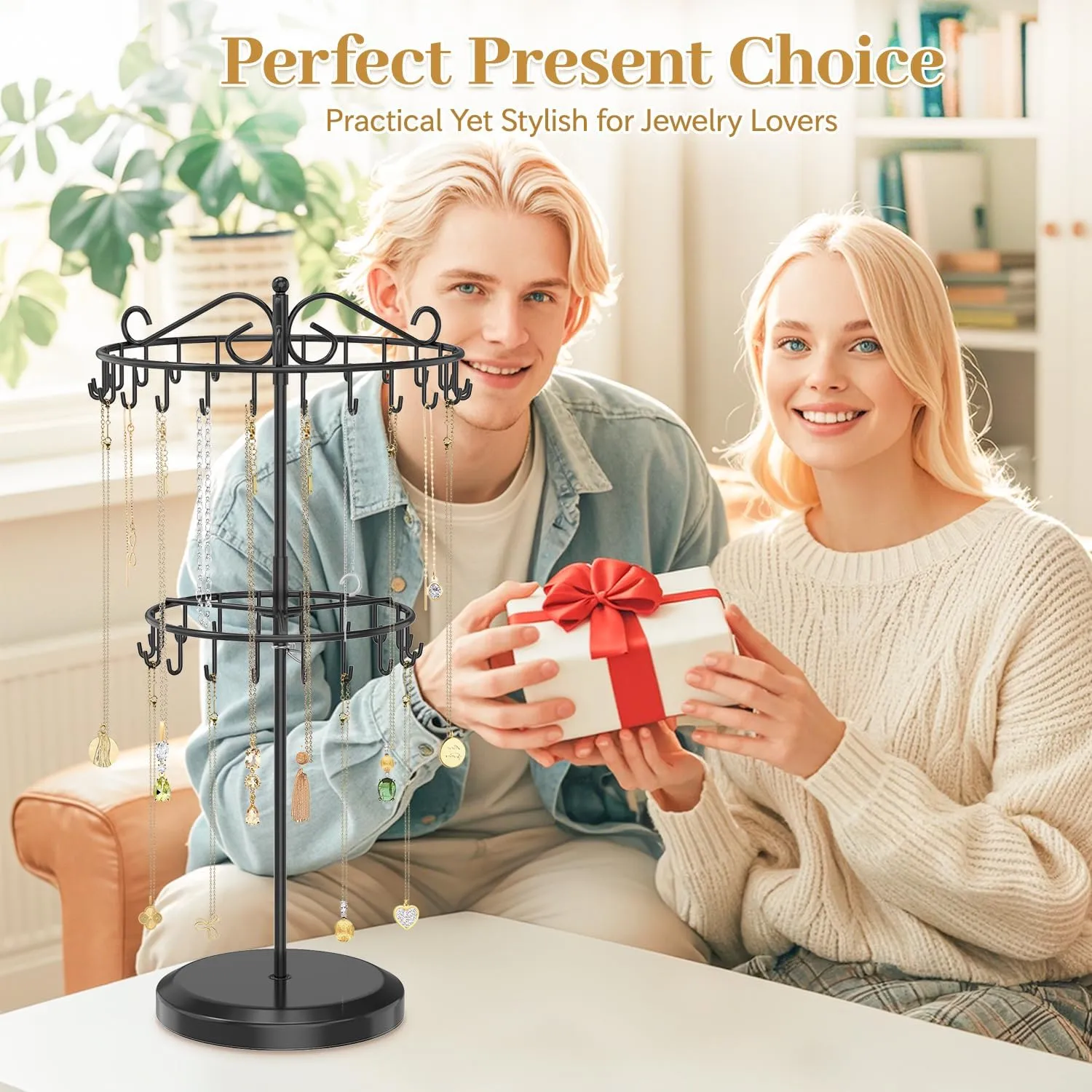 MODOWEY Rotating Necklace Holder Organizer Display Stand with 42 Hooks, 2-Tier Adjustable Metal Tree for Long & Short Necklace Hanger Selling, Tall Spinning Bracelet Storage Rack for Men Women, Black