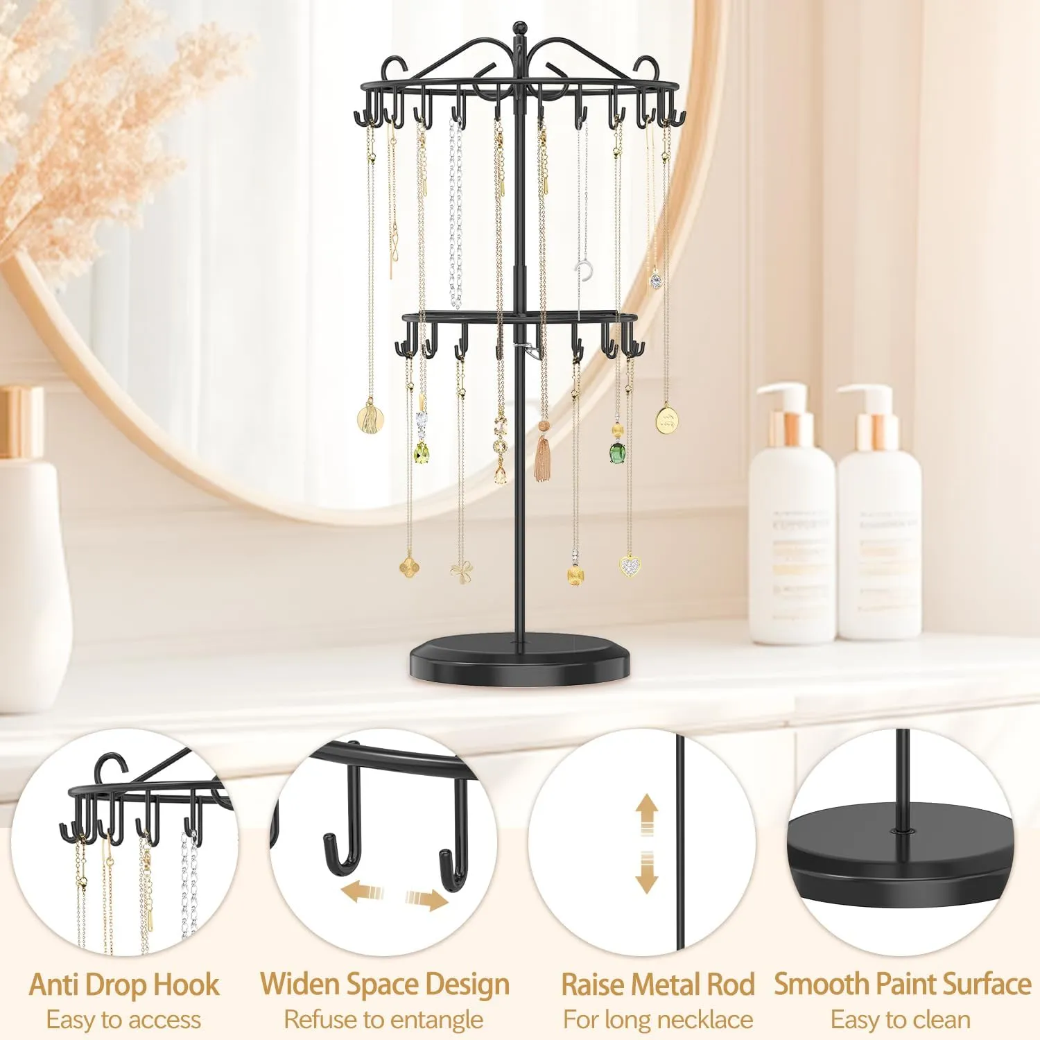 MODOWEY Rotating Necklace Holder Organizer Display Stand with 42 Hooks, 2-Tier Adjustable Metal Tree for Long & Short Necklace Hanger Selling, Tall Spinning Bracelet Storage Rack for Men Women, Black