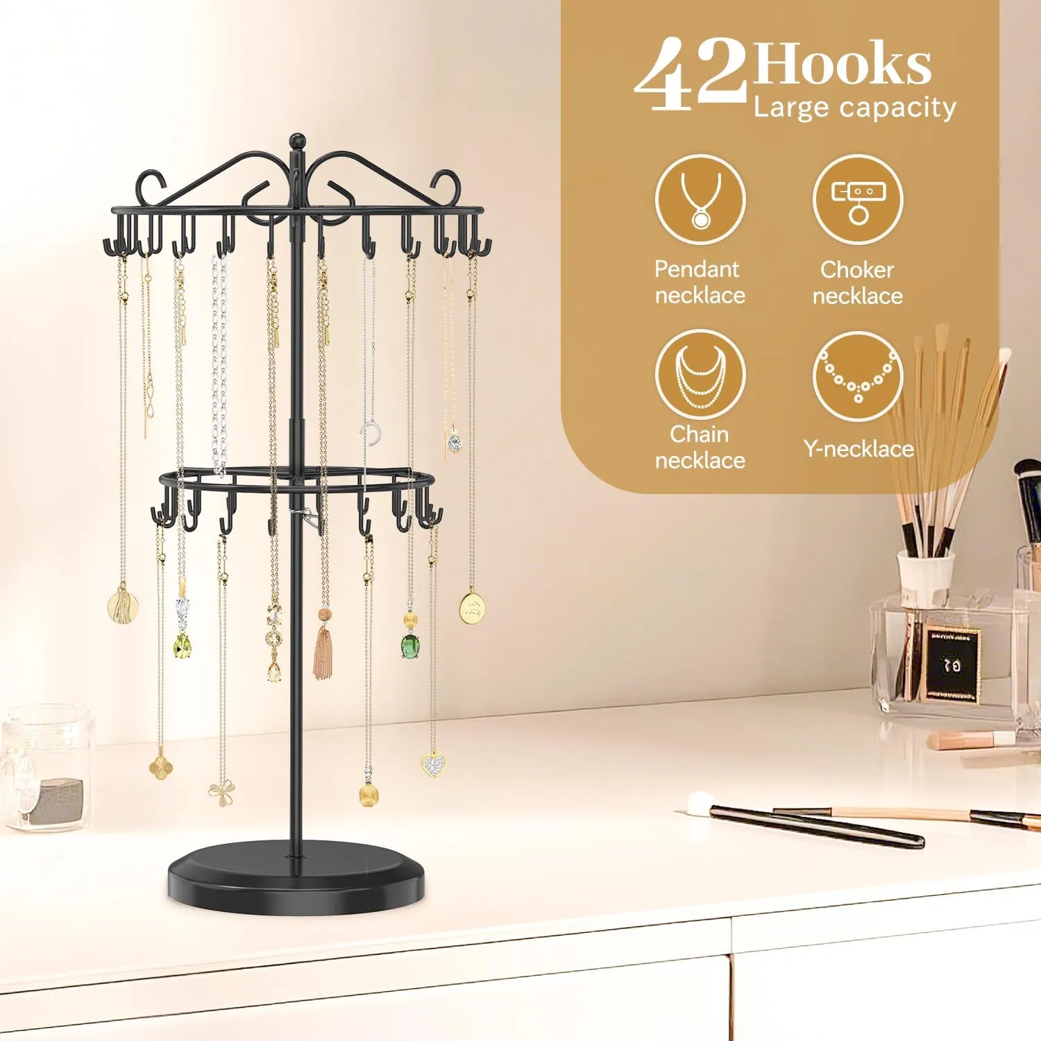 MODOWEY Rotating Necklace Holder Organizer Display Stand with 42 Hooks, 2-Tier Adjustable Metal Tree for Long & Short Necklace Hanger Selling, Tall Spinning Bracelet Storage Rack for Men Women, Black