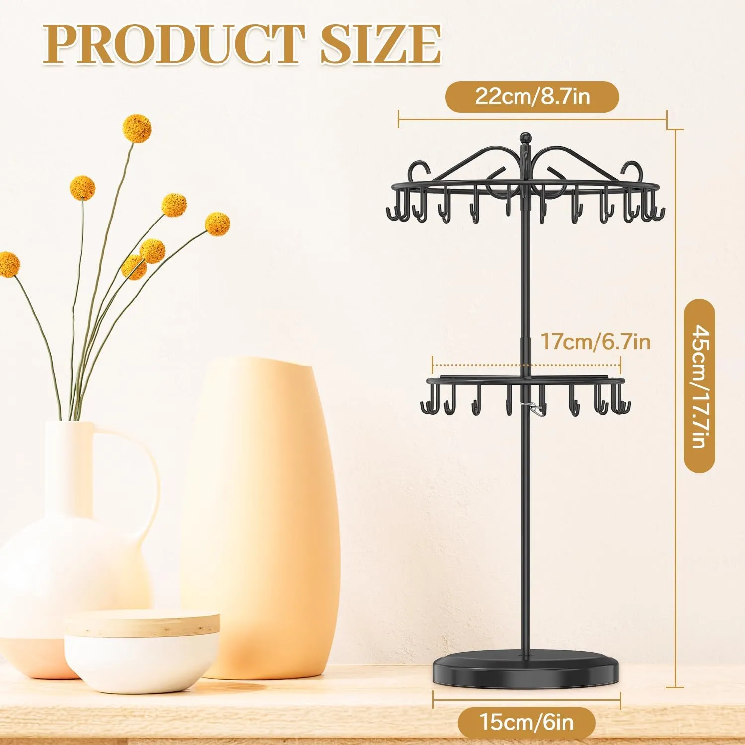 MODOWEY Rotating Necklace Holder Organizer Display Stand with 42 Hooks, 2-Tier Adjustable Metal Tree for Long & Short Necklace Hanger Selling, Tall Spinning Bracelet Storage Rack for Men Women, Black