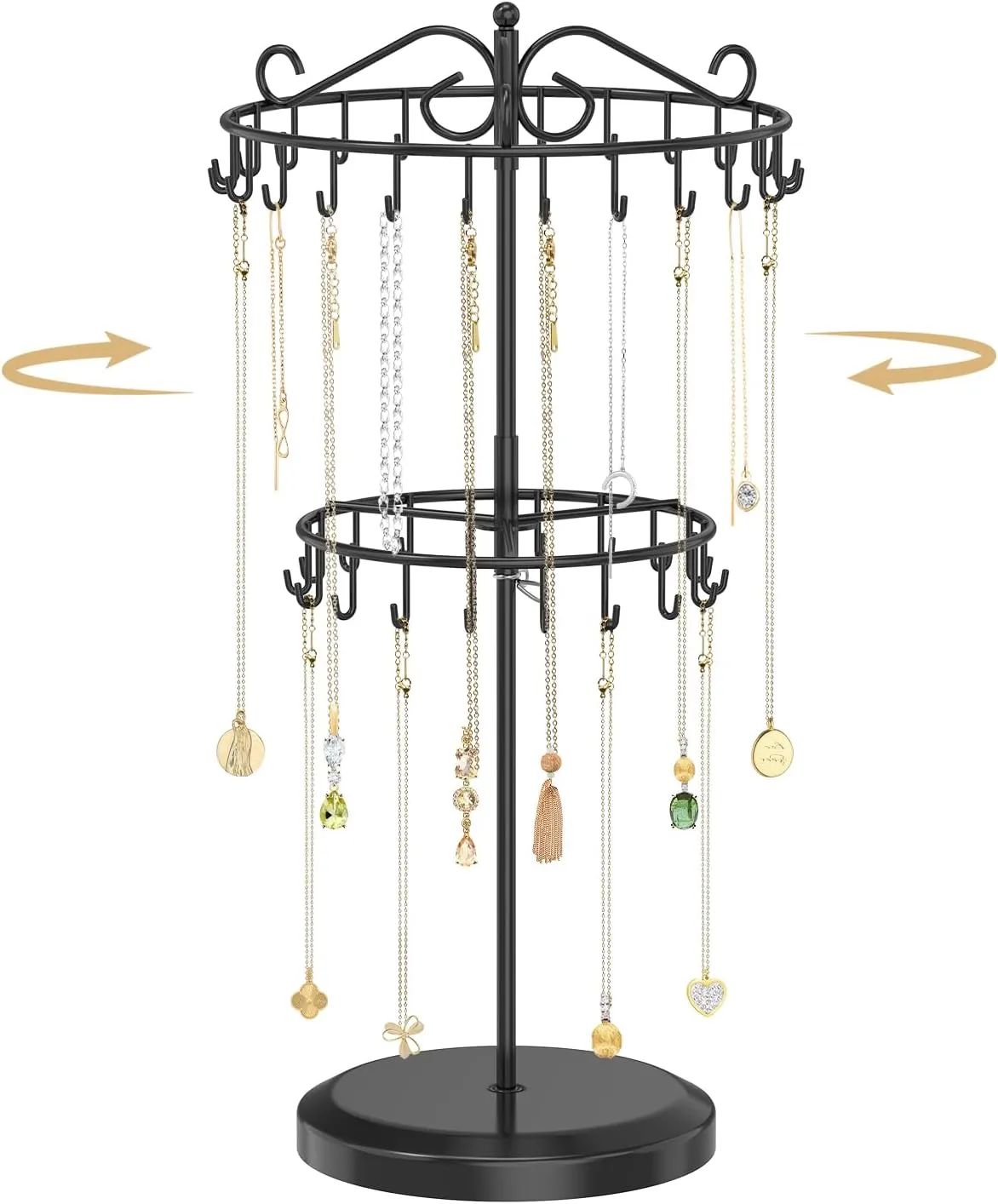 MODOWEY Rotating Necklace Holder Organizer Display Stand with 42 Hooks, 2-Tier Adjustable Metal Tree for Long & Short Necklace Hanger Selling, Tall Spinning Bracelet Storage Rack for Men Women, Black