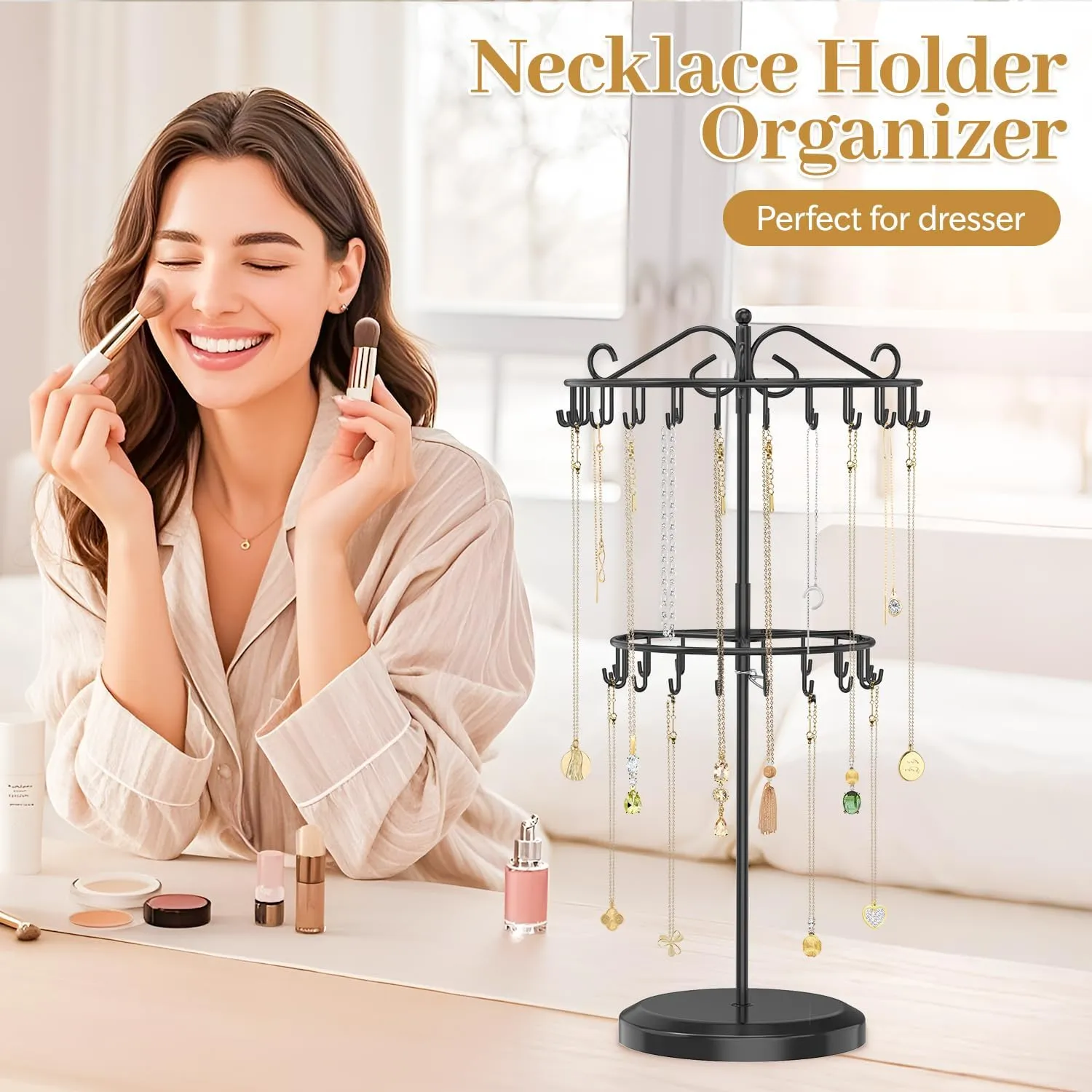 MODOWEY Rotating Necklace Holder Organizer Display Stand with 42 Hooks, 2-Tier Adjustable Metal Tree for Long & Short Necklace Hanger Selling, Tall Spinning Bracelet Storage Rack for Men Women, Black