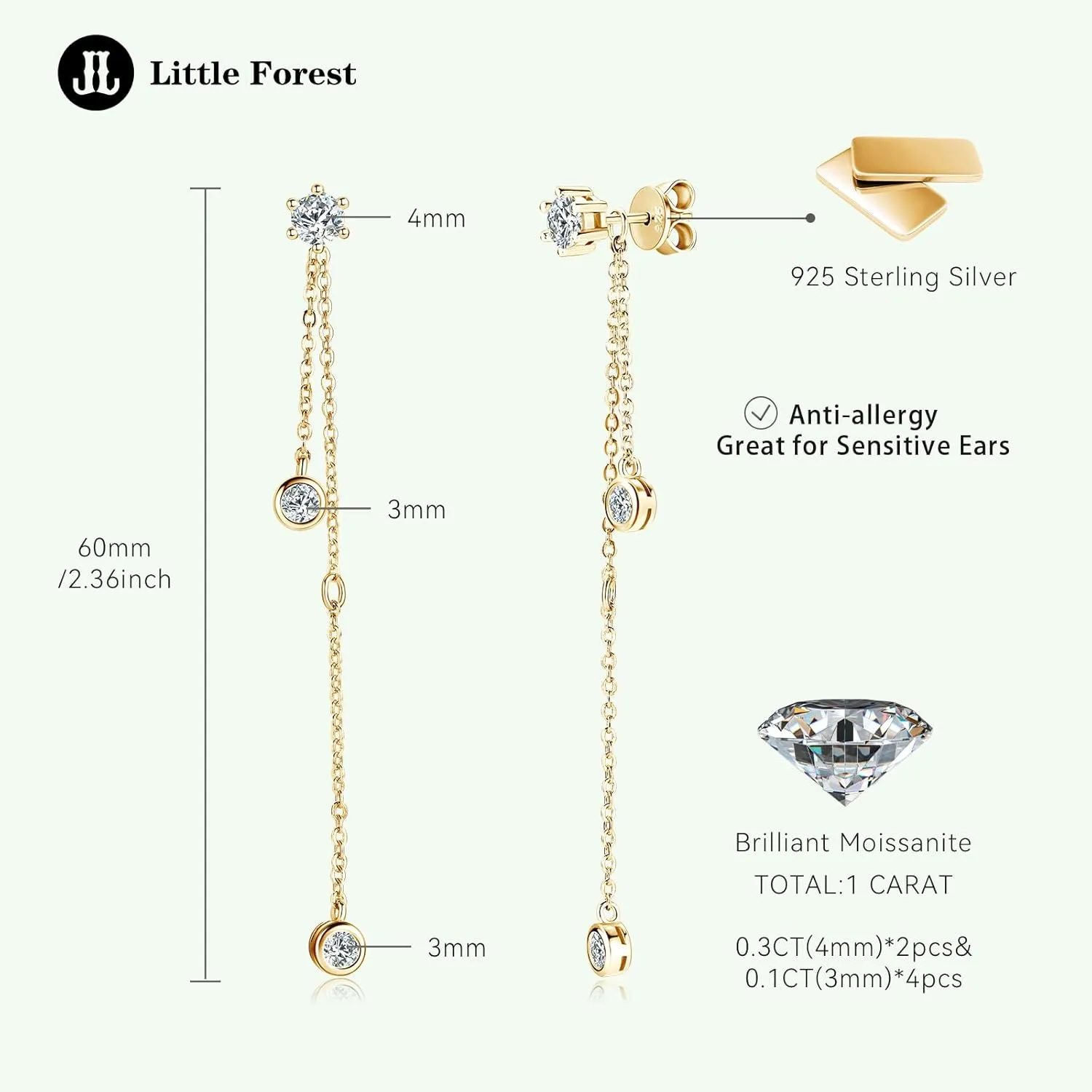 Moissanite Dangle Earrings for Women, S925 Sterling Silver Linear Drop Earring D-E Color VVS1 Moissanite Hypoallergenic Jewelry for Sensitive Ear