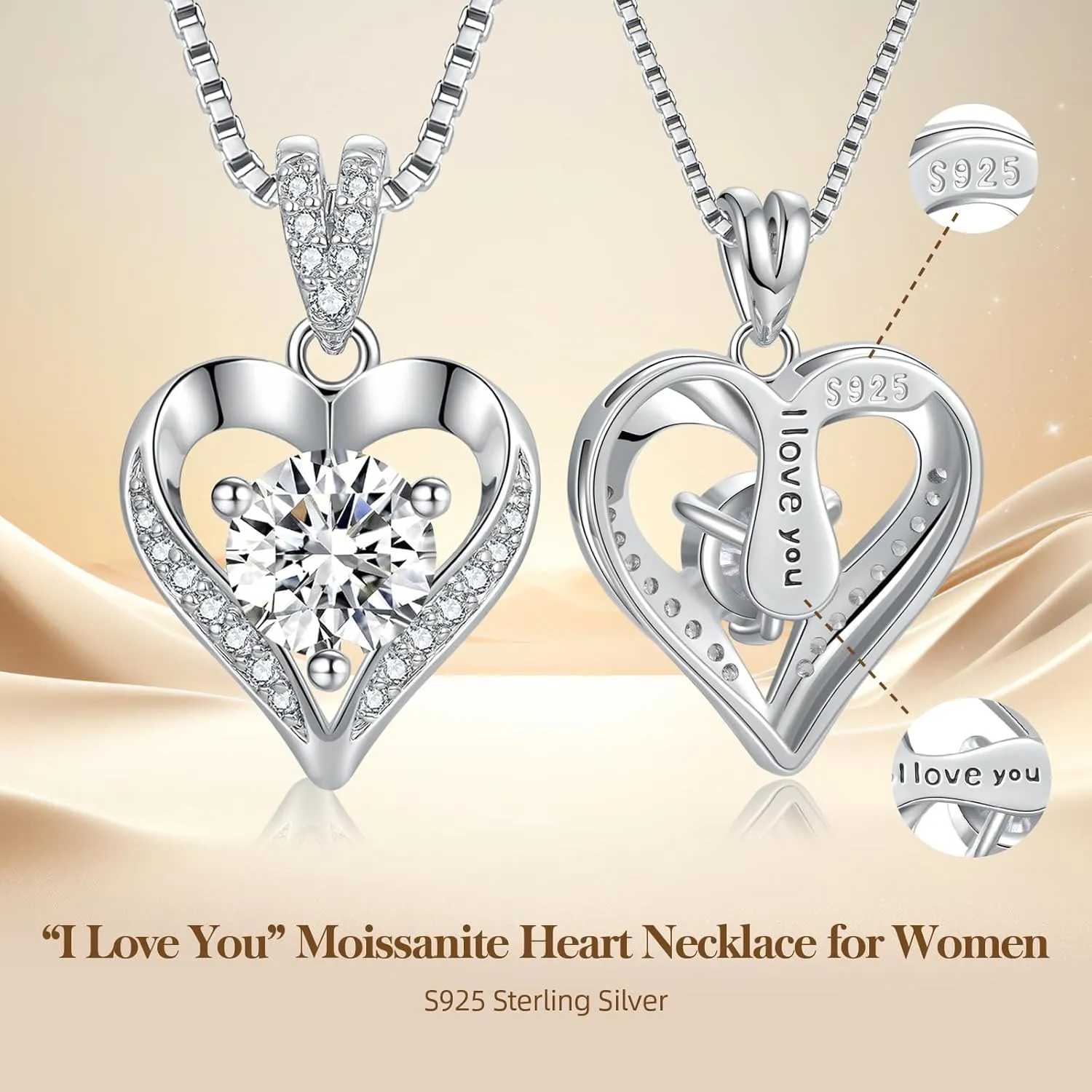 Moissanite Heart Necklaces for Women Wife, S925 'I LOVE YOU' 1-3 Carat Diamond-like Jewelry, Anniversary Birthday Gifts for Women, Birthday Gift Ideas for Wife, Women's Necklaces for Her Girlfriend