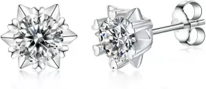 Moissanite Stud Earrings 1-2ct D Color VVS1 Round Cut Moissanite Diamond 925 Sterling Silver with 18K White Gold Plated Snowflake Earring for Women