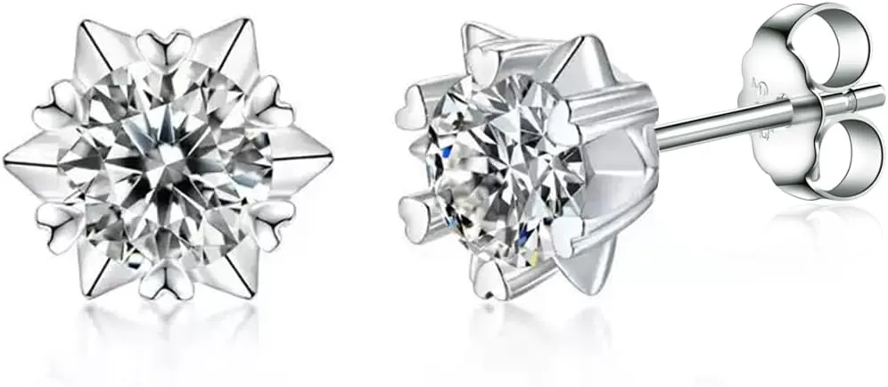 Moissanite Stud Earrings 1-2ct D Color VVS1 Round Cut Moissanite Diamond 925 Sterling Silver with 18K White Gold Plated Snowflake Earring for Women
