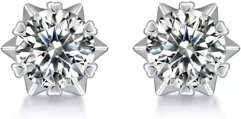 Moissanite Stud Earrings 1-2ct D Color VVS1 Round Cut Moissanite Diamond 925 Sterling Silver with 18K White Gold Plated Snowflake Earring for Women