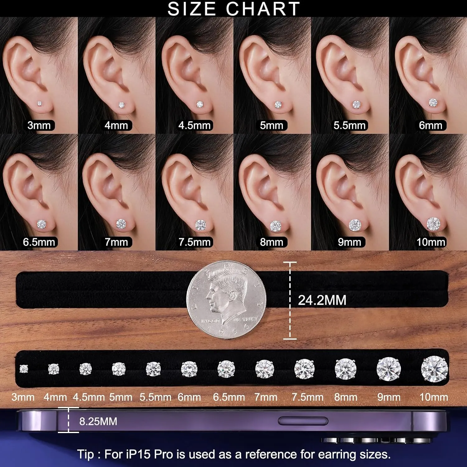 Moissanite Stud Earrings Screw Back 3-10mm 0.2ct-8.0ct 18K White Yellow Rose Gold Plated S925 Sterling Silver Round Cut D Color VVS1 Lab Created Moissanite Earrings for Women Men