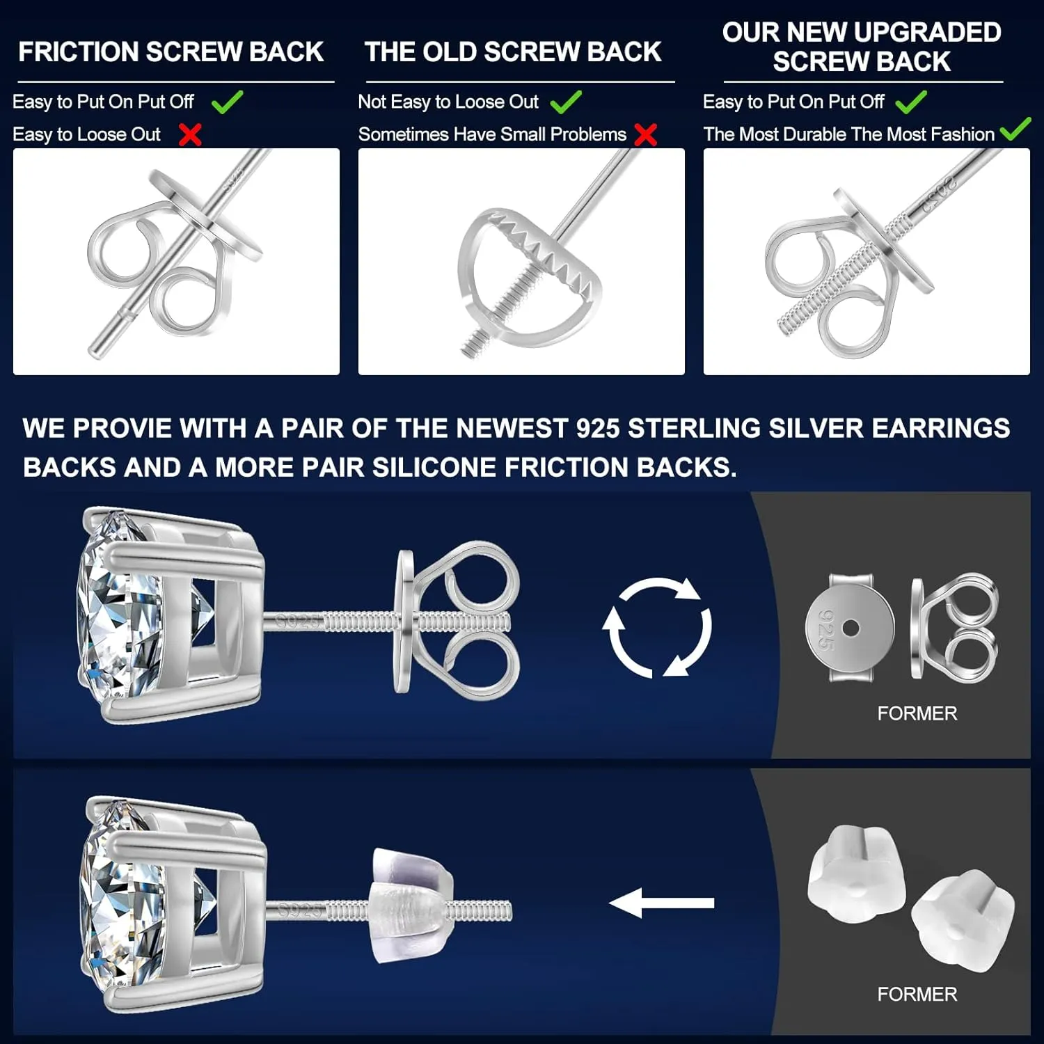 Moissanite Stud Earrings Screw Back 3-10mm 0.2ct-8.0ct 18K White Yellow Rose Gold Plated S925 Sterling Silver Round Cut D Color VVS1 Lab Created Moissanite Earrings for Women Men