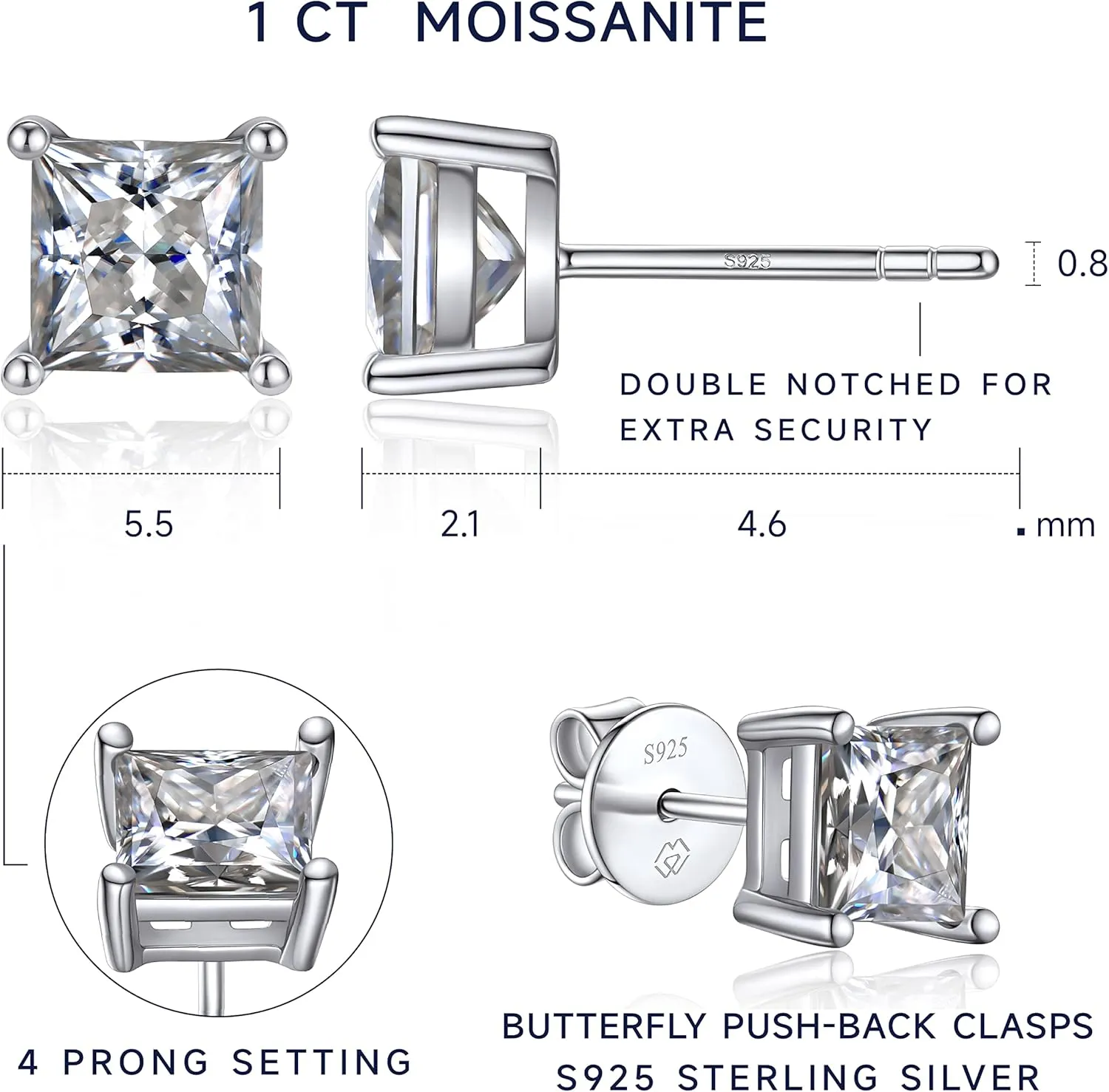 MomentWish Moissanite Earrings, Birthday Gifts for Her, Simulated Diamond Stud Earrings for Women, 925 Sterling Silver Studs Jewelry Gift for Anniversary Christmas