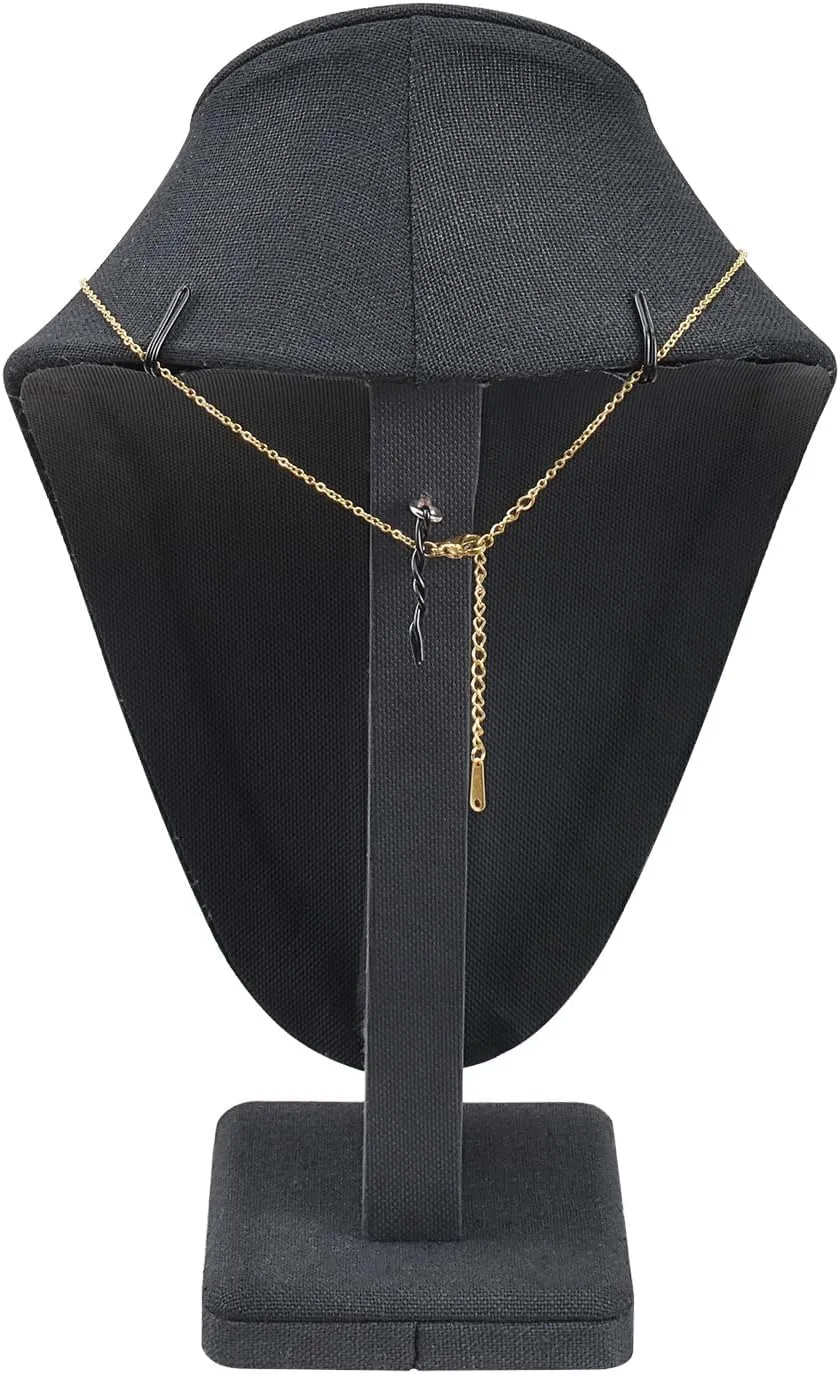 MOOCA 2 Pcs Linen Covered Wood Jewelry Display Necklace Chain Jewelry Bust Display Holder Stand, Necklaces Bust Mannequin, 6 3/8 W x 4 1/4 D x 10 H in, Black Linen