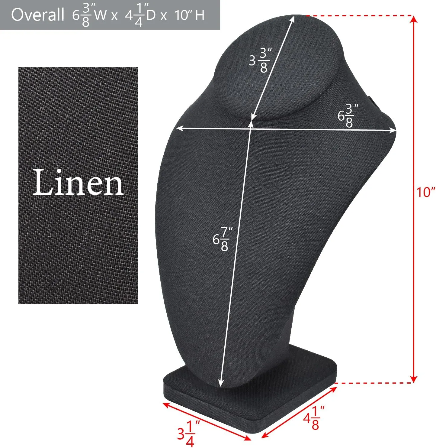 MOOCA 2 Pcs Linen Covered Wood Jewelry Display Necklace Chain Jewelry Bust Display Holder Stand, Necklaces Bust Mannequin, 6 3/8 W x 4 1/4 D x 10 H in, Black Linen