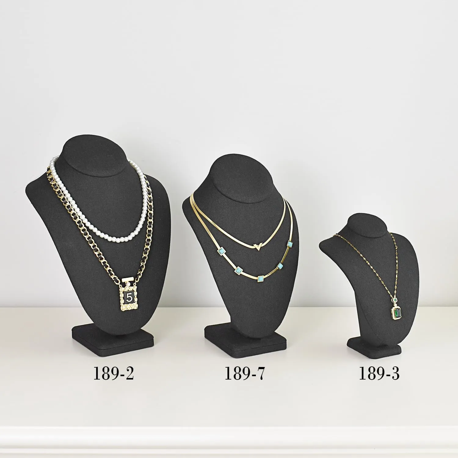 MOOCA 2 Pcs Linen Covered Wood Jewelry Display Necklace Chain Jewelry Bust Display Holder Stand, Necklaces Bust Mannequin, 6 3/8 W x 4 1/4 D x 10 H in, Black Linen