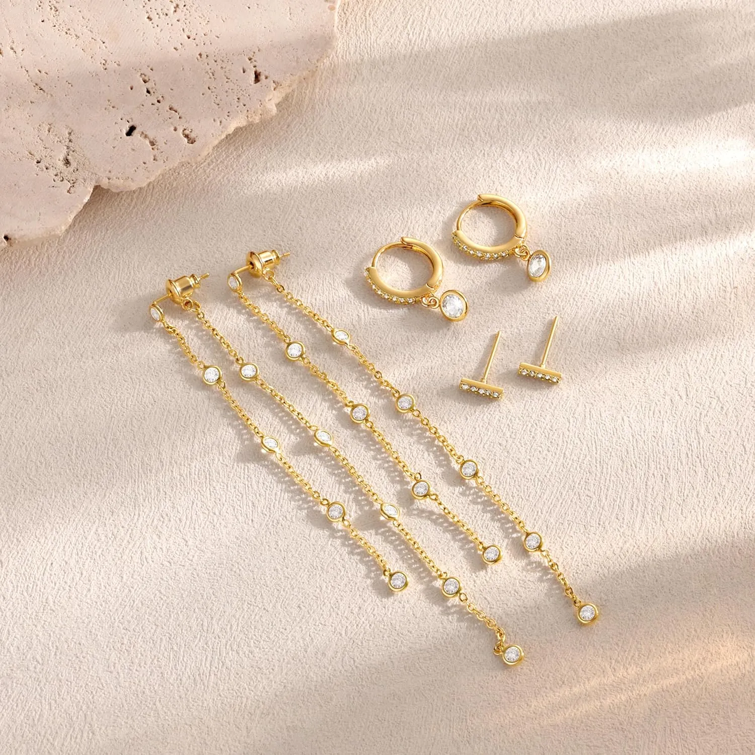 Moodear Gold Dangle Earrings 3/4 Pairs Dainty 14K Gold Plated Chain Earrings for Women Trendy Earring Stacks Set Cubic Zirconia Pearl Hoop Stud Hypoallergenic Earrings for Women Jewelry Gifts