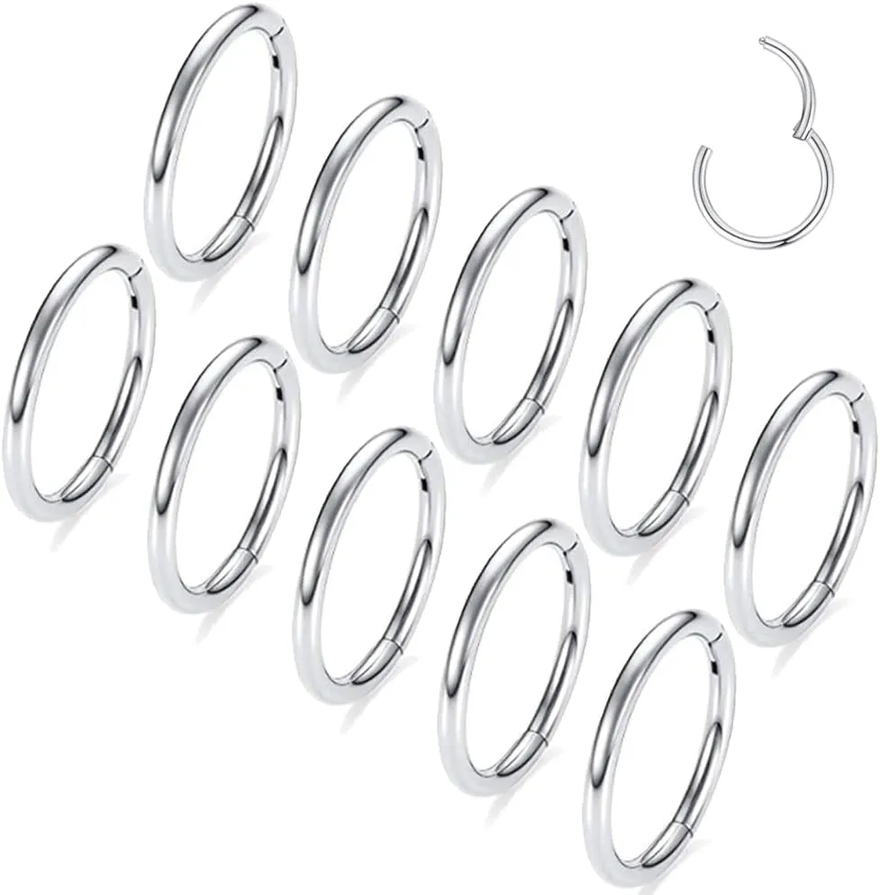 MOQIKAKA16G 18G 20G Surgical Steel Nose Septum Rings Hoops - Stainless Steel Hinged Clicker Segment Nose Rings Hoop Helix Cartilage Daith Tragus Sleeper Earrings, Ear Plugs Tunnels Gauges