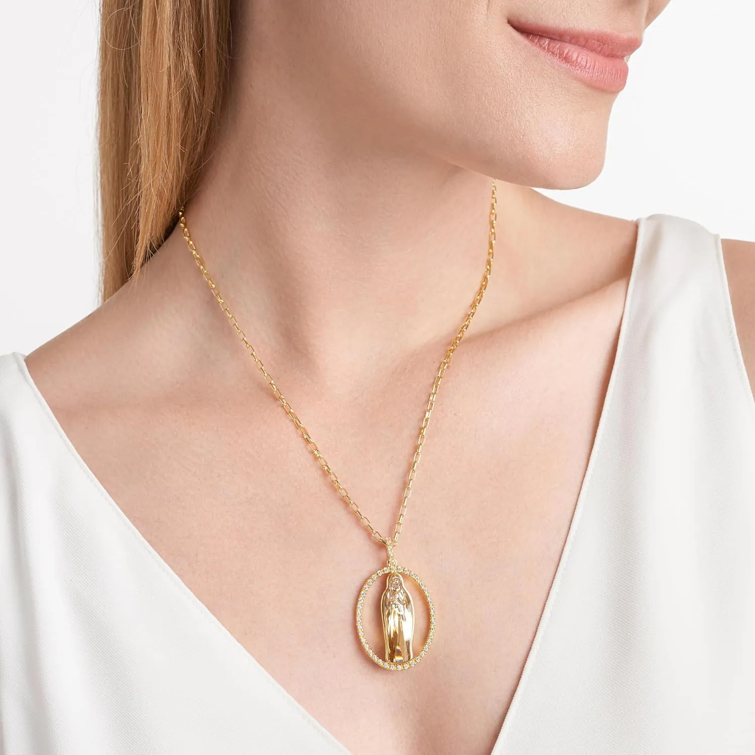 MORGAN & PAIGE Bronze Rhodium or 18K Yellow Gold Plated Blessed Virgin Mary Cubic Zirconia Necklaces for Women - Exquisite Virgin Mary Design Sparkling Pave Halo Accent Womens Necklaces, 18 inches