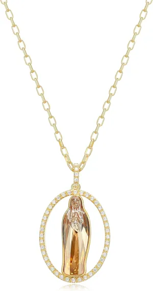 MORGAN & PAIGE Bronze Rhodium or 18K Yellow Gold Plated Blessed Virgin Mary Cubic Zirconia Necklaces for Women - Exquisite Virgin Mary Design Sparkling Pave Halo Accent Womens Necklaces, 18 inches