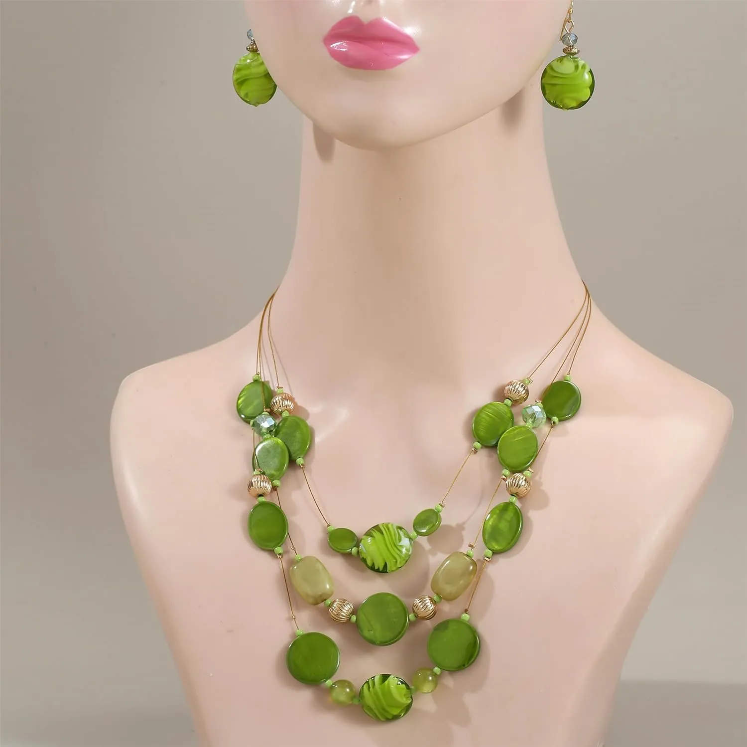 Multi Layered Beaded Necklaces for Women Murano Glass Statement Necklace and Earrings Set Shell Costume Jewelry Handmade Boho Necklaces and Dainty Glass Flower Earrings for Women Jewelry Gift