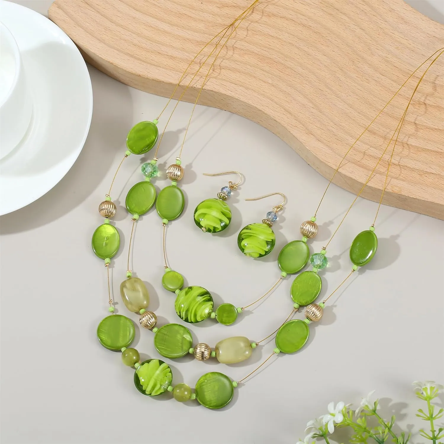 Multi Layered Beaded Necklaces for Women Murano Glass Statement Necklace and Earrings Set Shell Costume Jewelry Handmade Boho Necklaces and Dainty Glass Flower Earrings for Women Jewelry Gift