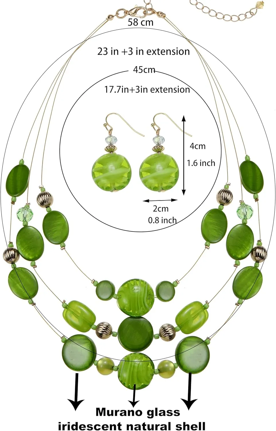 Multi Layered Beaded Necklaces for Women Murano Glass Statement Necklace and Earrings Set Shell Costume Jewelry Handmade Boho Necklaces and Dainty Glass Flower Earrings for Women Jewelry Gift
