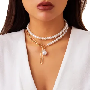 Multi-layered Choker Necklace Pearl Necklace Charm Pendant Choker Necklace Gold Multi-layered Necklace with Fashion Jewelry Dainty Imitation Pearl Beaded Necklace for Women (Irregular pearl-Style 1)