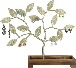 MyGift Earring Storage Rack Organizer, Brass-Tone Metal Jewelry Tree, Necklace and Bracelet Hanger with Wooden Ring Tray Trinket Holder - Holds 68 Pairs of Earrings