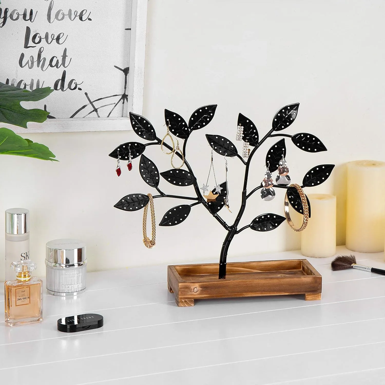 MyGift Earring Storage Rack Organizer, Matte Black Metal Jewelry Tree, Necklace and Bracelet Hanger with Wooden Ring Tray Trinket Holder - Holds 68 Pairs of Earrings